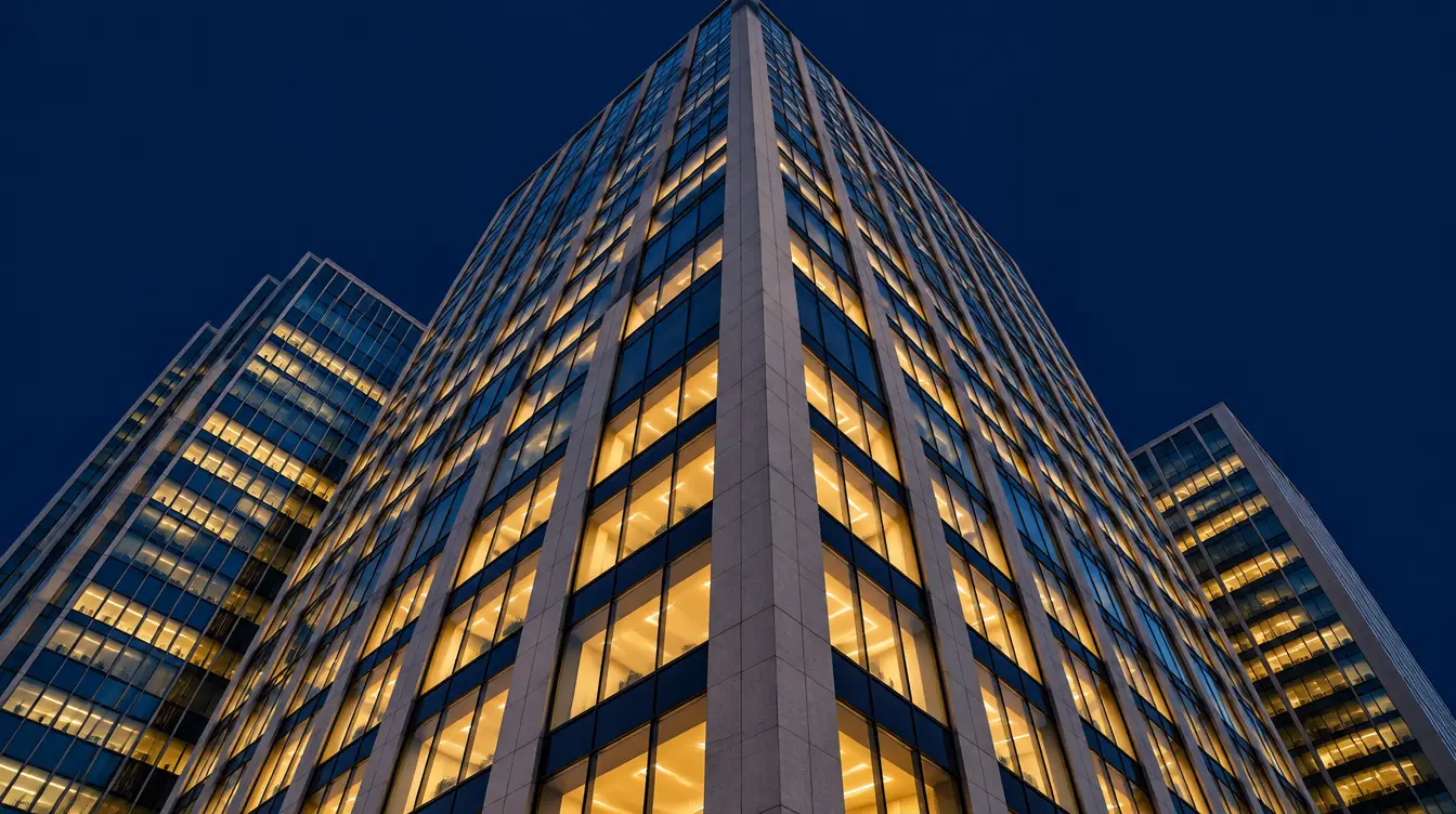 Commercial towers at blue hour, floor after floor of them still lit.